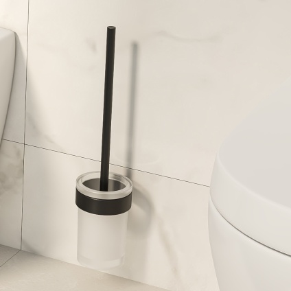 product lifestyle image of origins living matt black pirenei toilet brush set